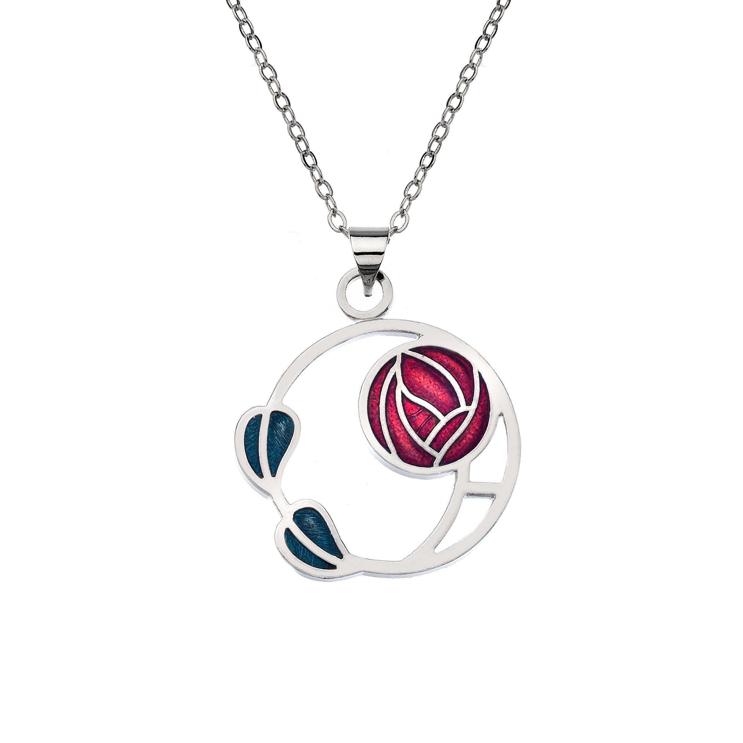 Red Mackintosh Rose and Leaves Necklace